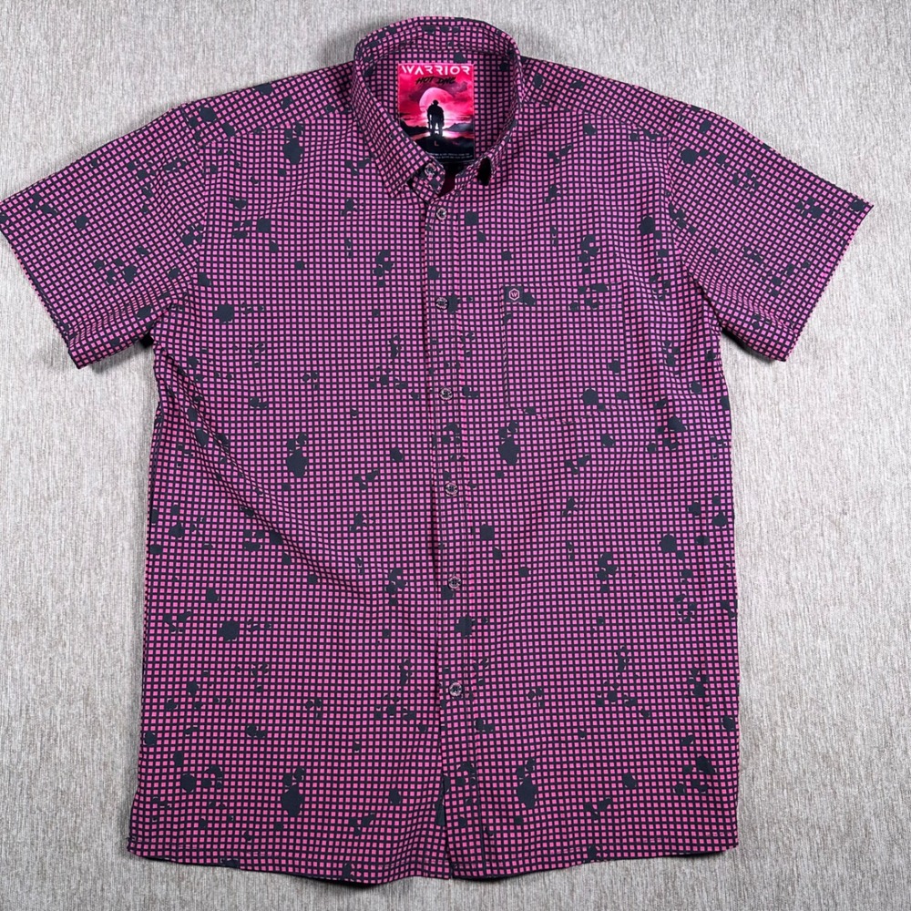 Warrior Hot DNC Mens Short Sleeve Button Down Shirt Pink Black Grid Camo Size L